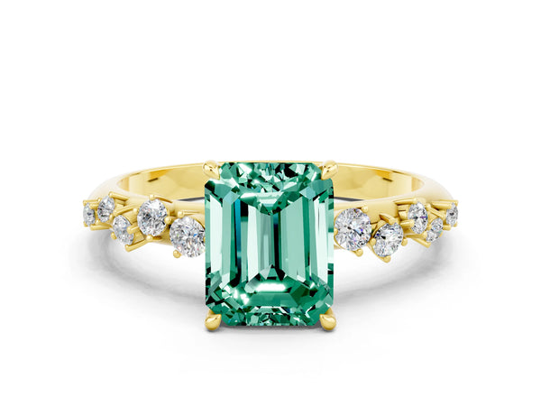 Yellow gold Emerald Cut Green Sapphire Cluster Side Stone Solitaire Ring with Prong Setting