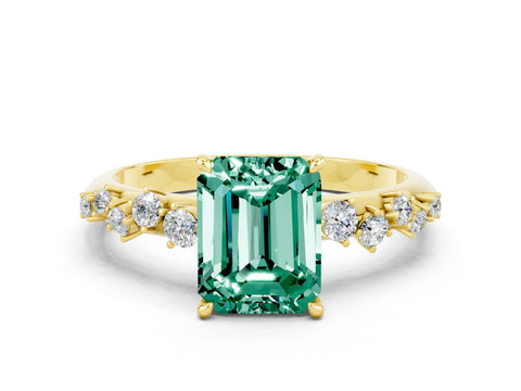 Yellow gold Emerald Cut Green Sapphire Cluster Side Stone Solitaire Ring with Prong Setting_24