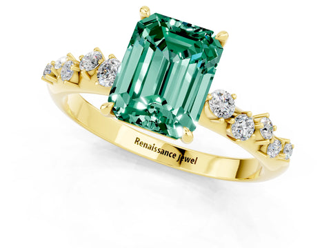 Yellow gold Emerald Cut Green Sapphire Cluster Side Stone Solitaire Ring with Prong Setting_25
