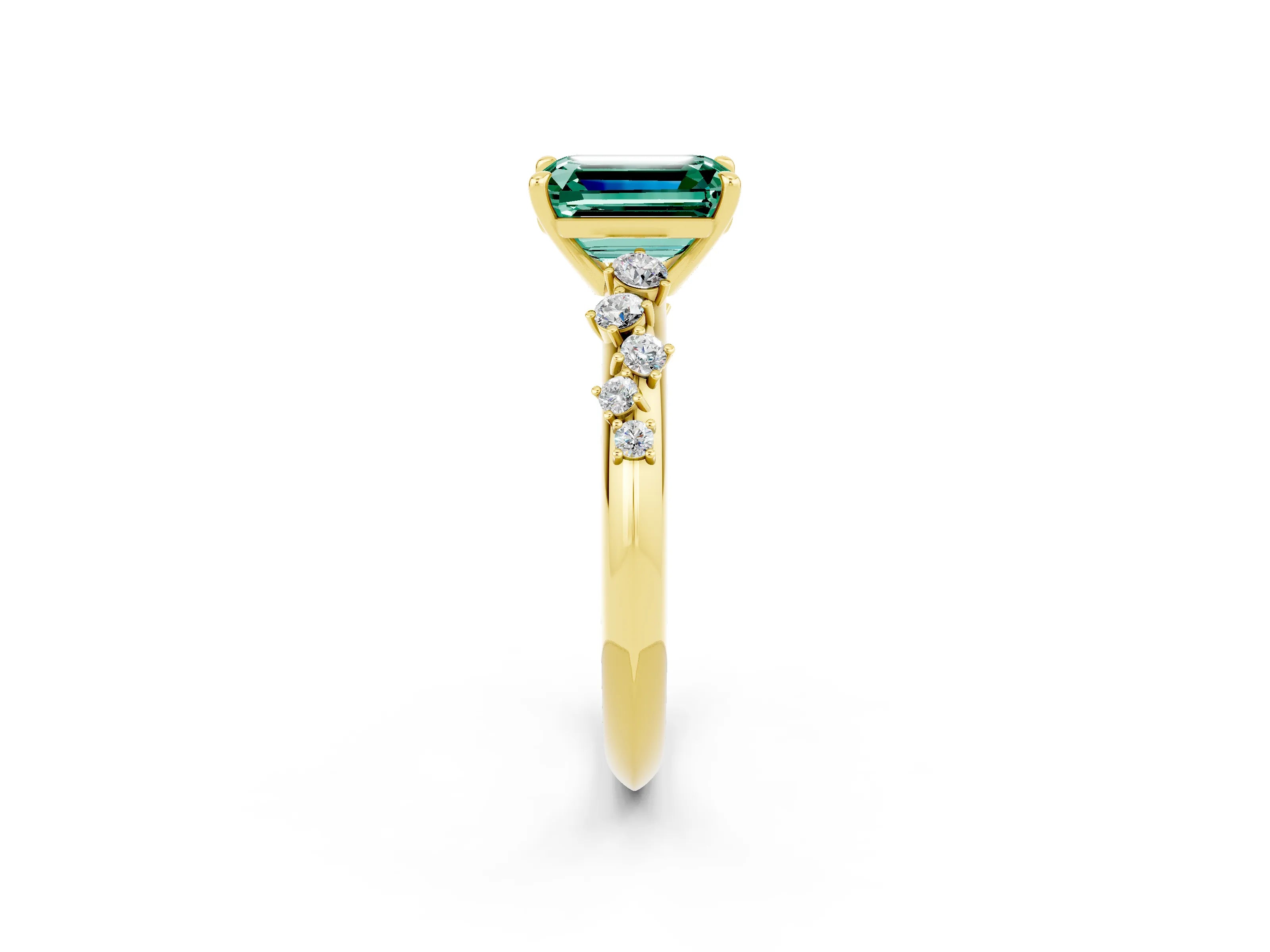 Yellow gold Emerald Cut Green Sapphire Cluster Side Stone Solitaire Ring with Prong Setting_26