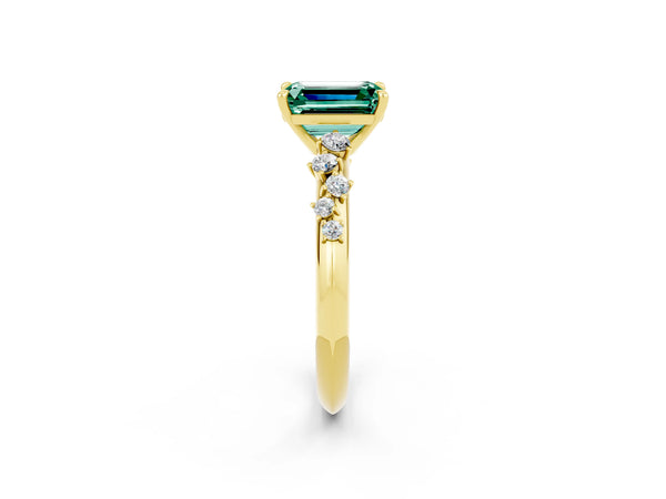 Yellow gold Emerald Cut Green Sapphire Cluster Side Stone Solitaire Ring with Prong Setting