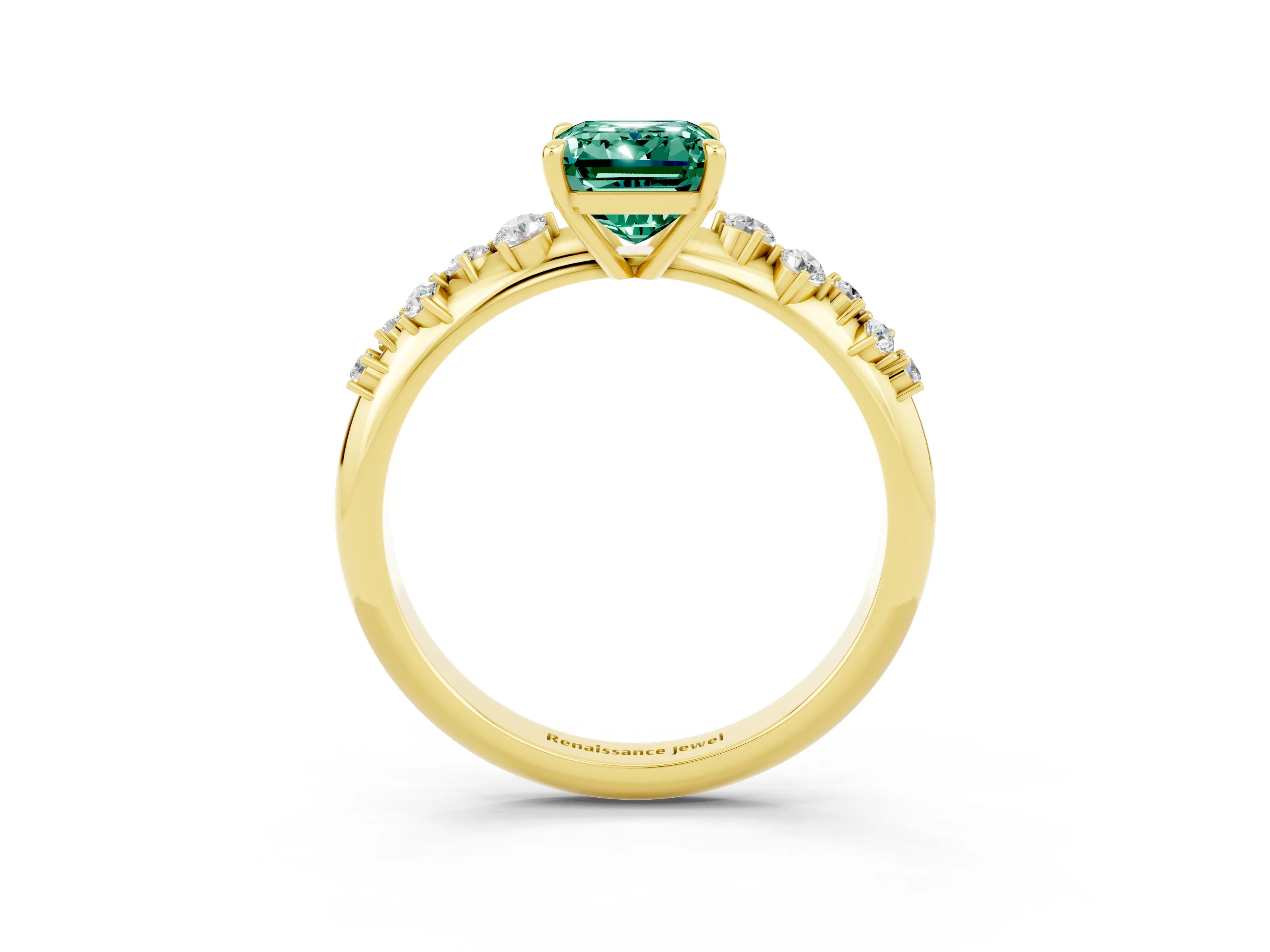Yellow gold Emerald Cut Green Sapphire Cluster Side Stone Solitaire Ring with Prong Setting_27