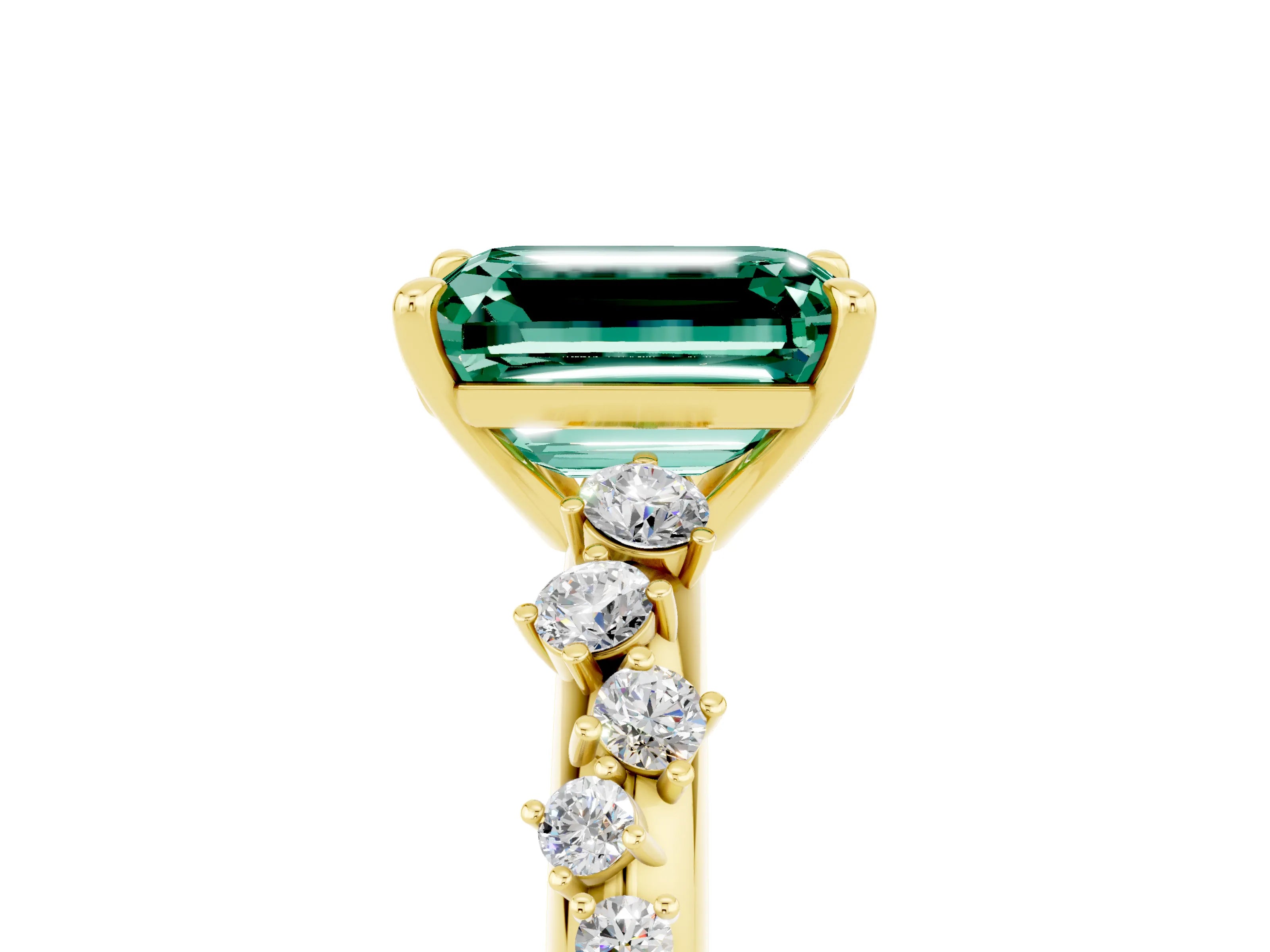 Yellow gold Emerald Cut Green Sapphire Cluster Side Stone Solitaire Ring with Prong Setting_29