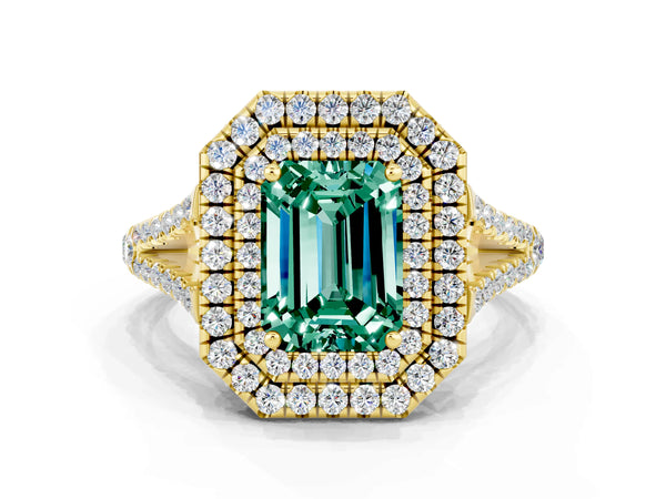 Yellow gold Emerald Cut Green Sapphire Double Halo Ring with Pavé Band and Prong Setting