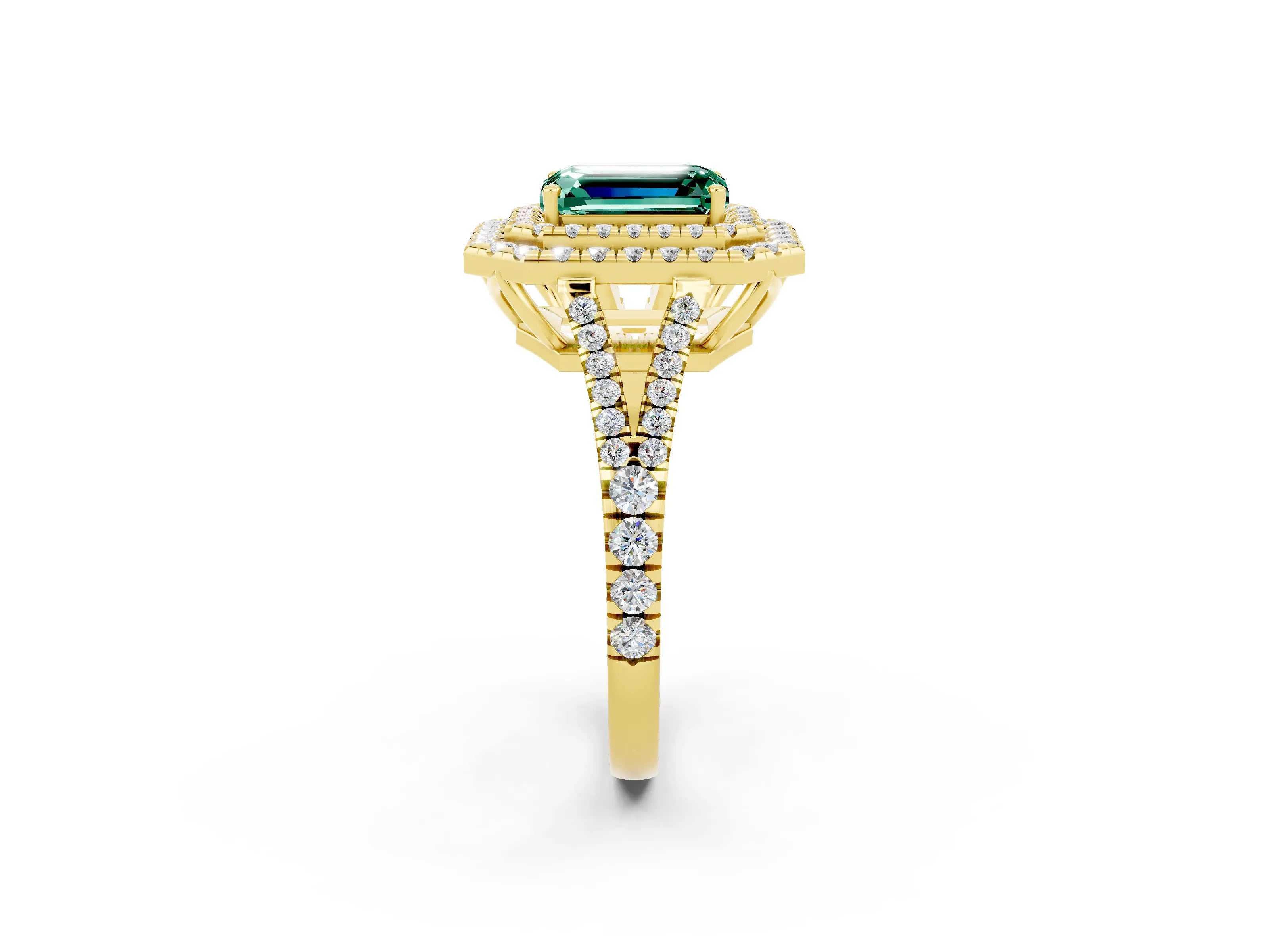 Yellow gold Emerald Cut Green Sapphire Double Halo Ring with Pavé Band and Prong Setting_14