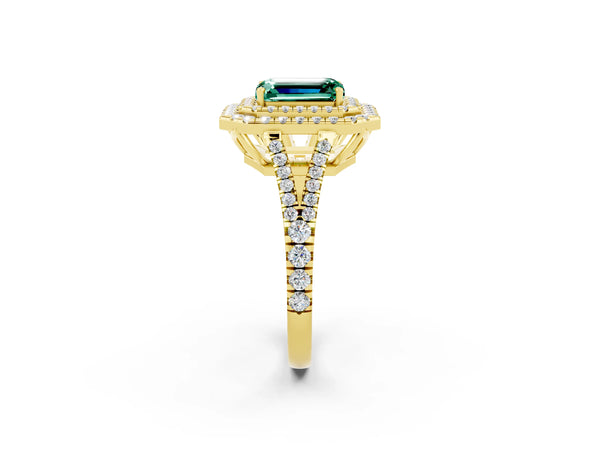 Yellow gold Emerald Cut Green Sapphire Double Halo Ring with Pavé Band and Prong Setting