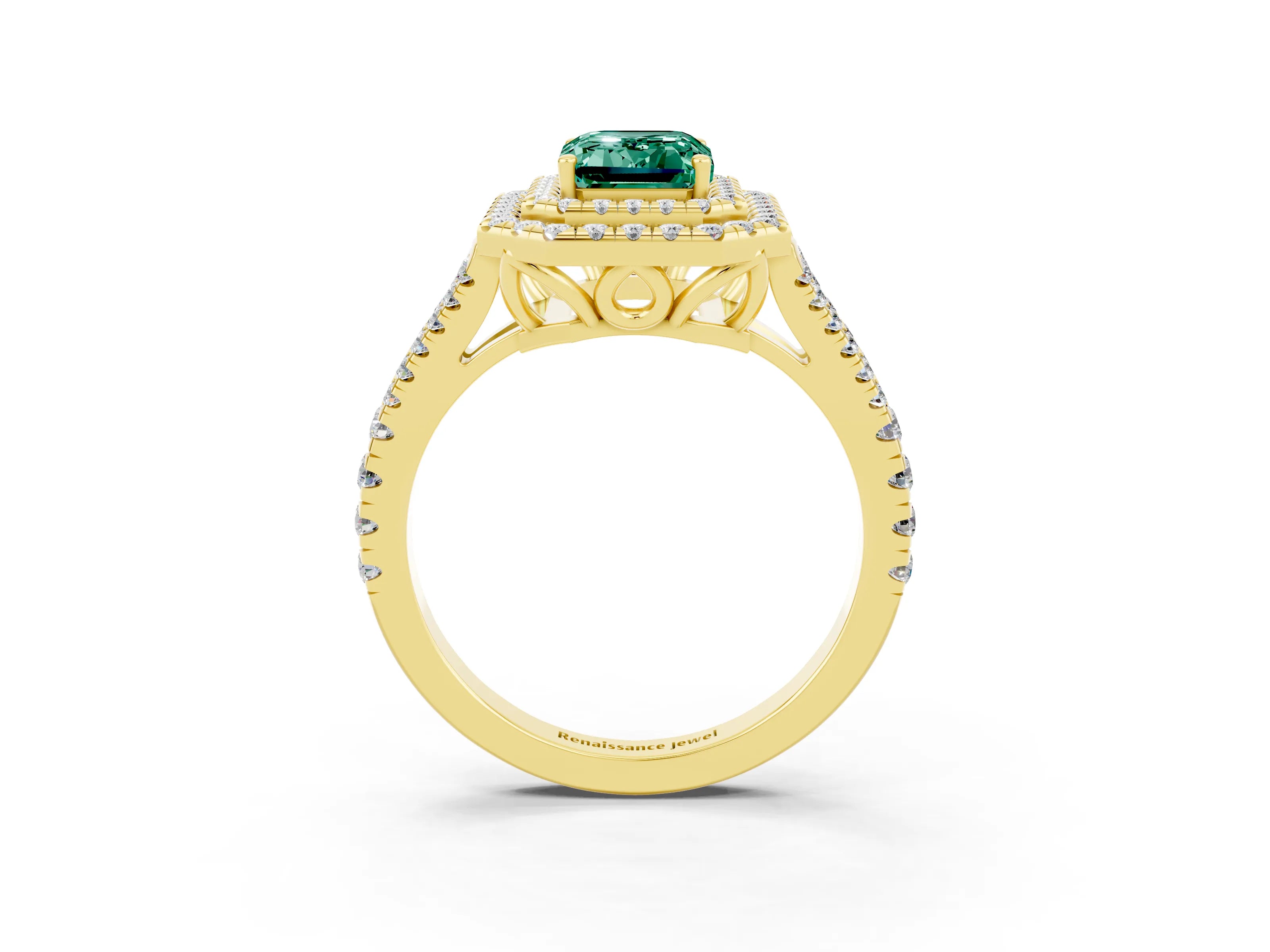 Yellow gold Emerald Cut Green Sapphire Double Halo Ring with Pavé Band and Prong Setting_15
