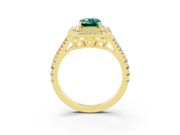 Yellow gold Emerald Cut Green Sapphire Double Halo Ring with Pavé Band and Prong Setting