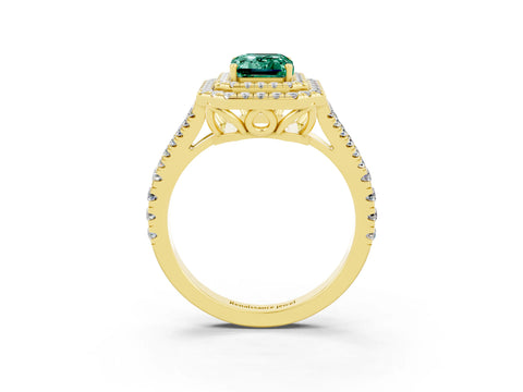 Yellow gold Emerald Cut Green Sapphire Double Halo Ring with Pavé Band and Prong Setting_15