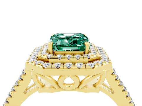 Yellow gold Emerald Cut Green Sapphire Double Halo Ring with Pavé Band and Prong Setting_16