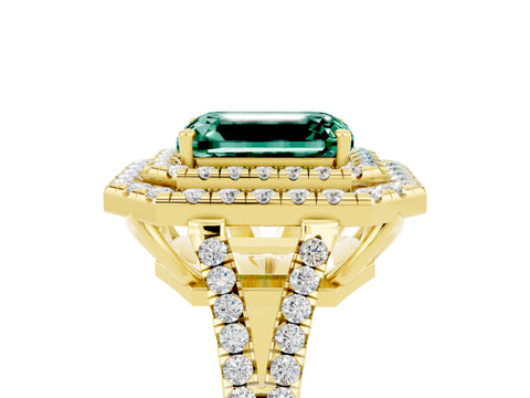 Yellow gold Emerald Cut Green Sapphire Double Halo Ring with Pavé Band and Prong Setting_17