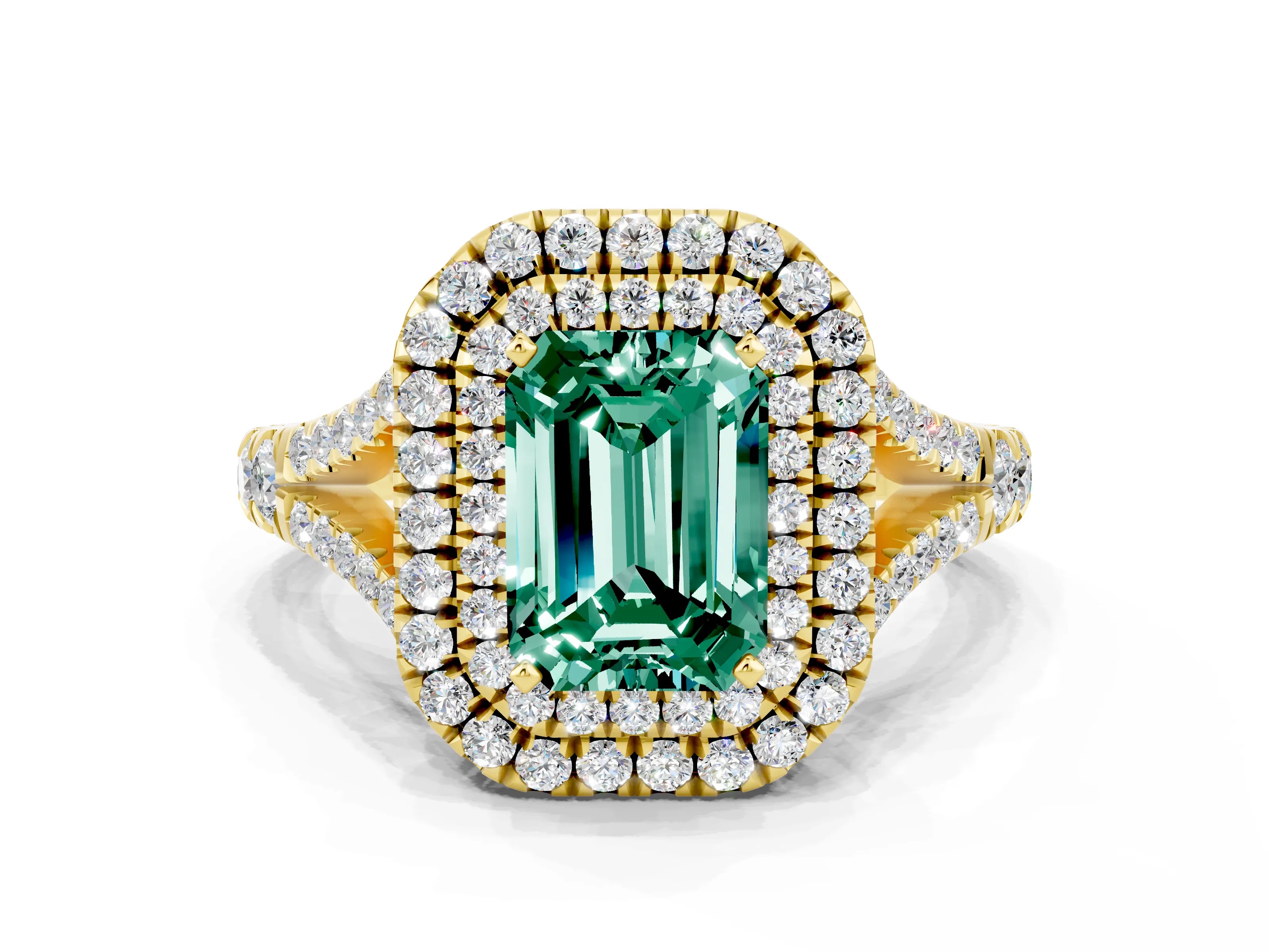 Yellow gold Emerald Cut Green Sapphire Double Halo Ring with Split Shank and Prong Setting_12