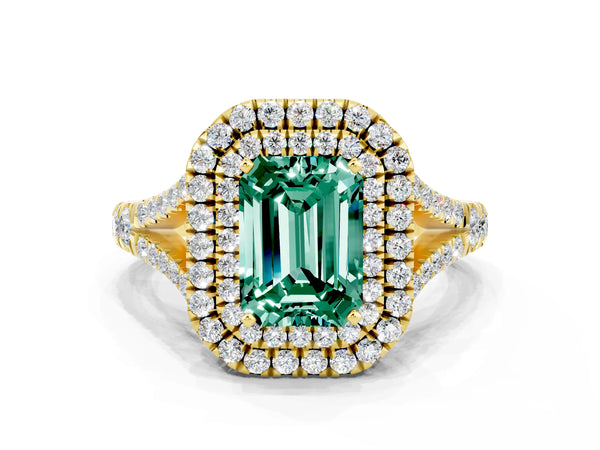 Yellow gold Emerald Cut Green Sapphire Double Halo Ring with Split Shank and Prong Setting