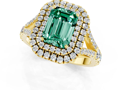 Yellow gold Emerald Cut Green Sapphire Double Halo Ring with Split Shank and Prong Setting_13