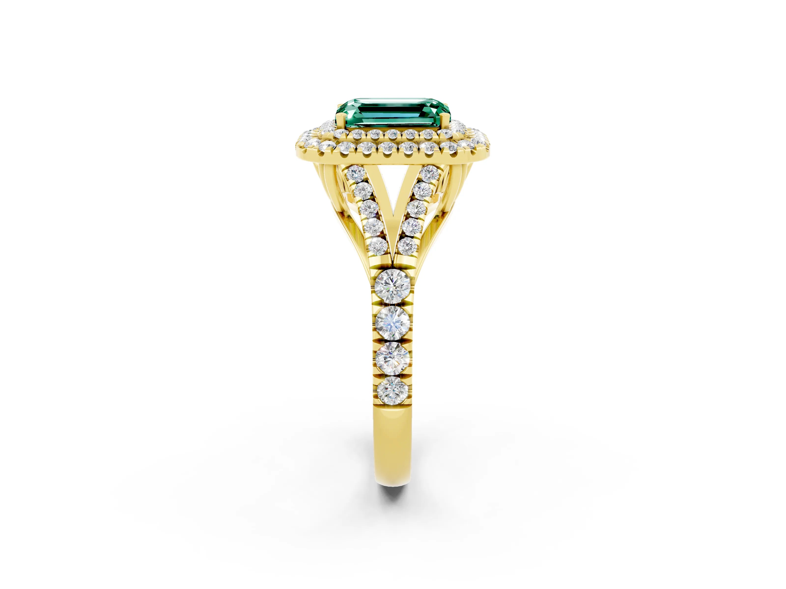 Yellow gold Emerald Cut Green Sapphire Double Halo Ring with Split Shank and Prong Setting_14