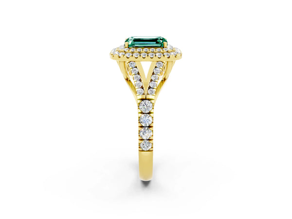 Yellow gold Emerald Cut Green Sapphire Double Halo Ring with Split Shank and Prong Setting