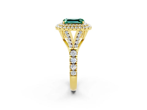 Yellow gold Emerald Cut Green Sapphire Double Halo Ring with Split Shank and Prong Setting_14