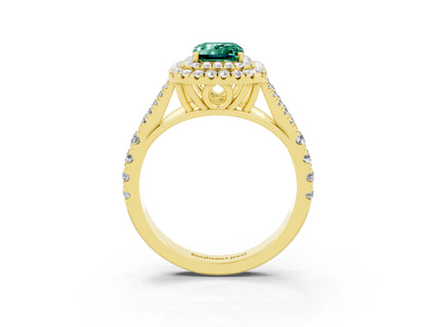 Yellow gold Emerald Cut Green Sapphire Double Halo Ring with Split Shank and Prong Setting_15