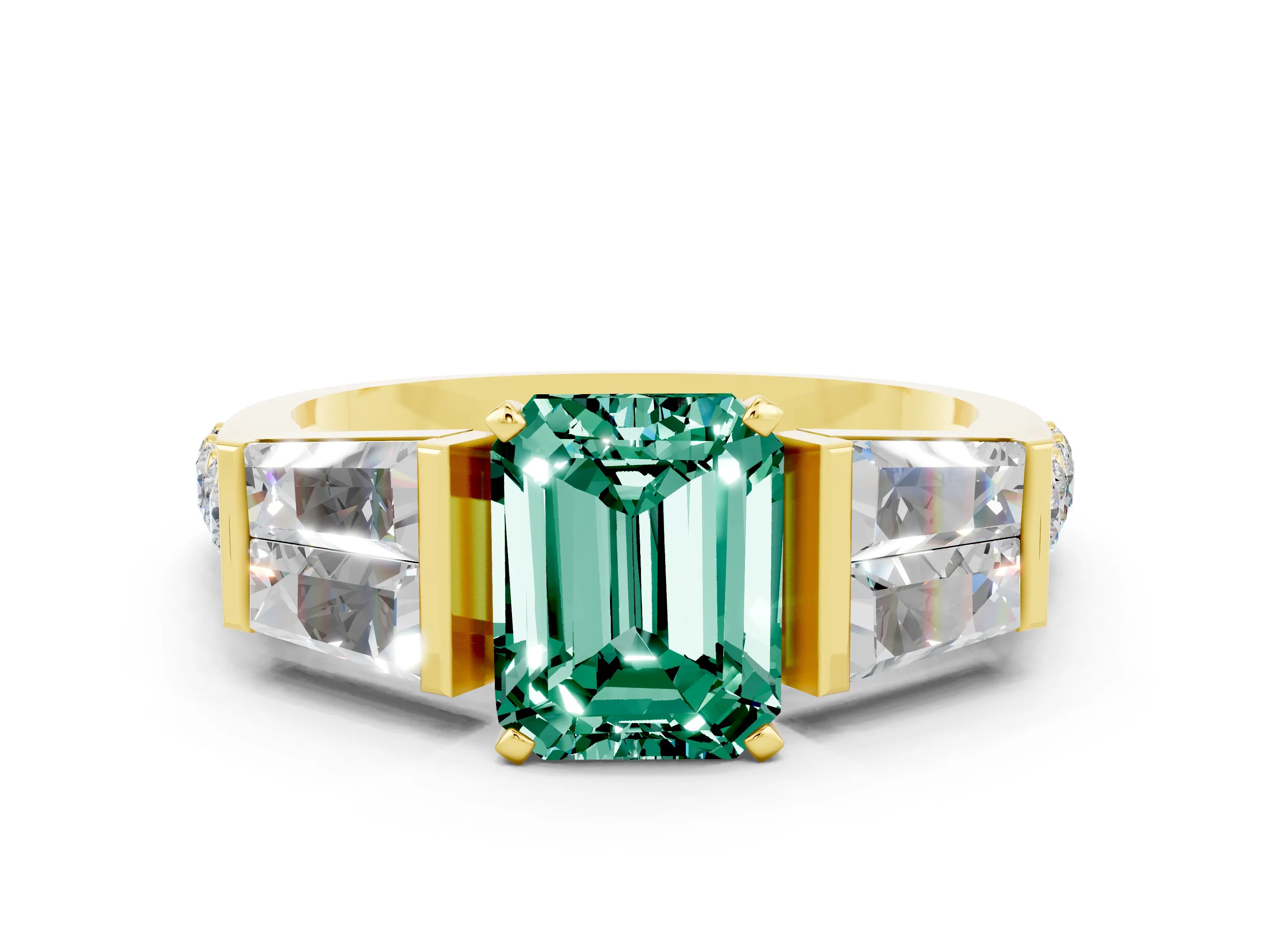 Yellow gold Emerald Cut Green Sapphire Engagement Ring with Baguette Side Stones and Channel Set Band