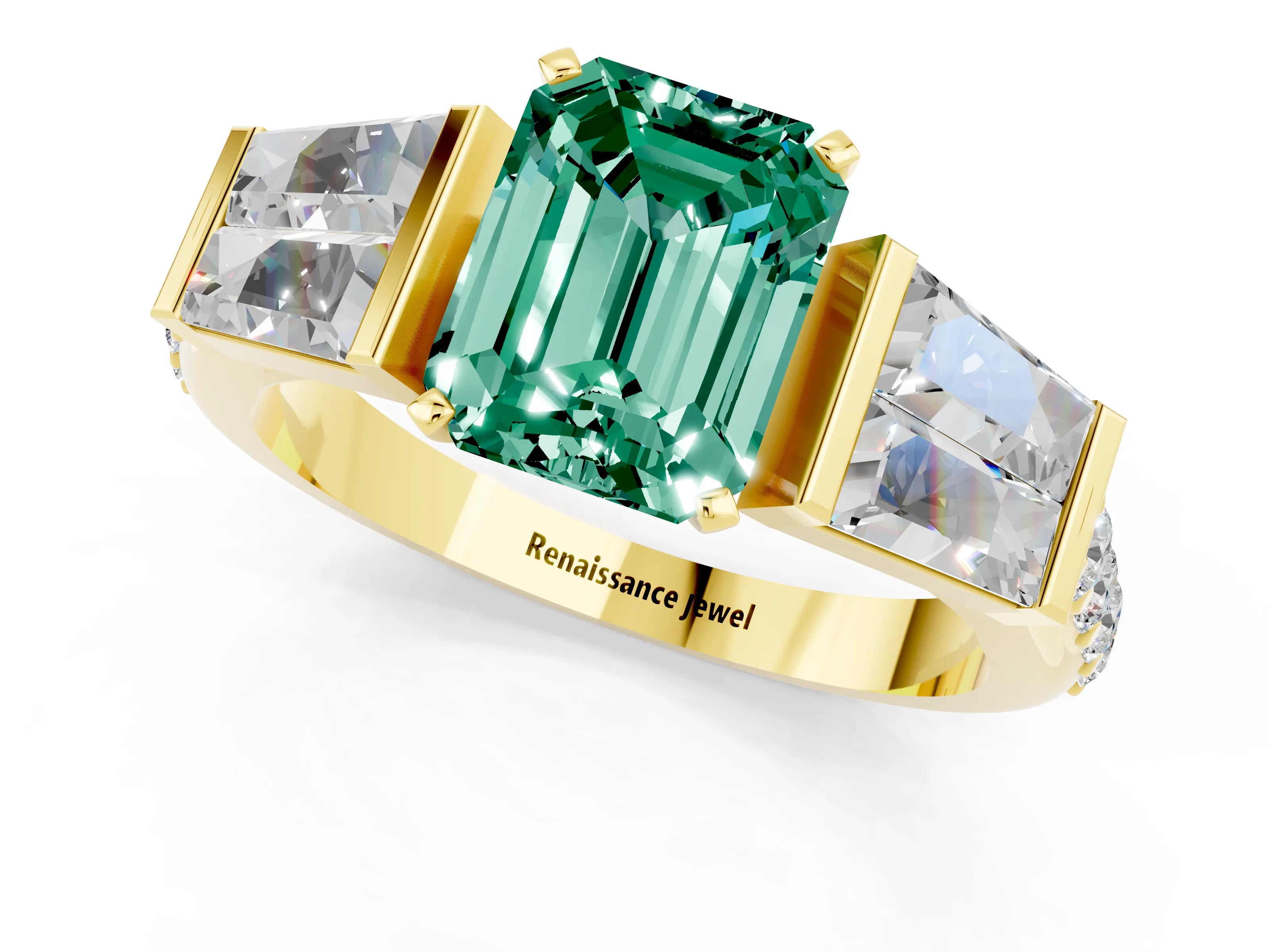 Yellow gold Emerald Cut Green Sapphire Engagement Ring with Baguette Side Stones and Channel Set Band_1