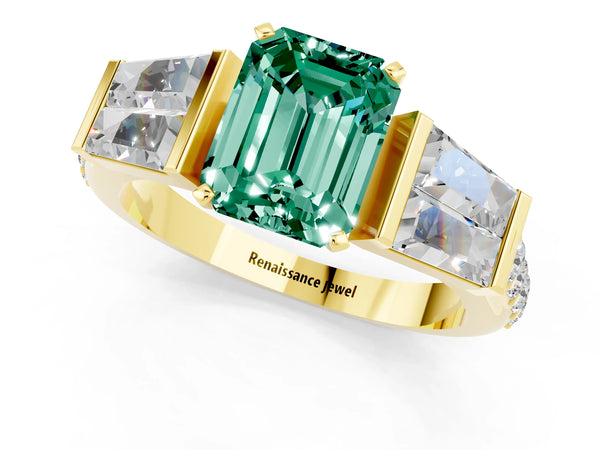 Yellow gold Emerald Cut Green Sapphire Engagement Ring with Baguette Side Stones and Channel Set Band