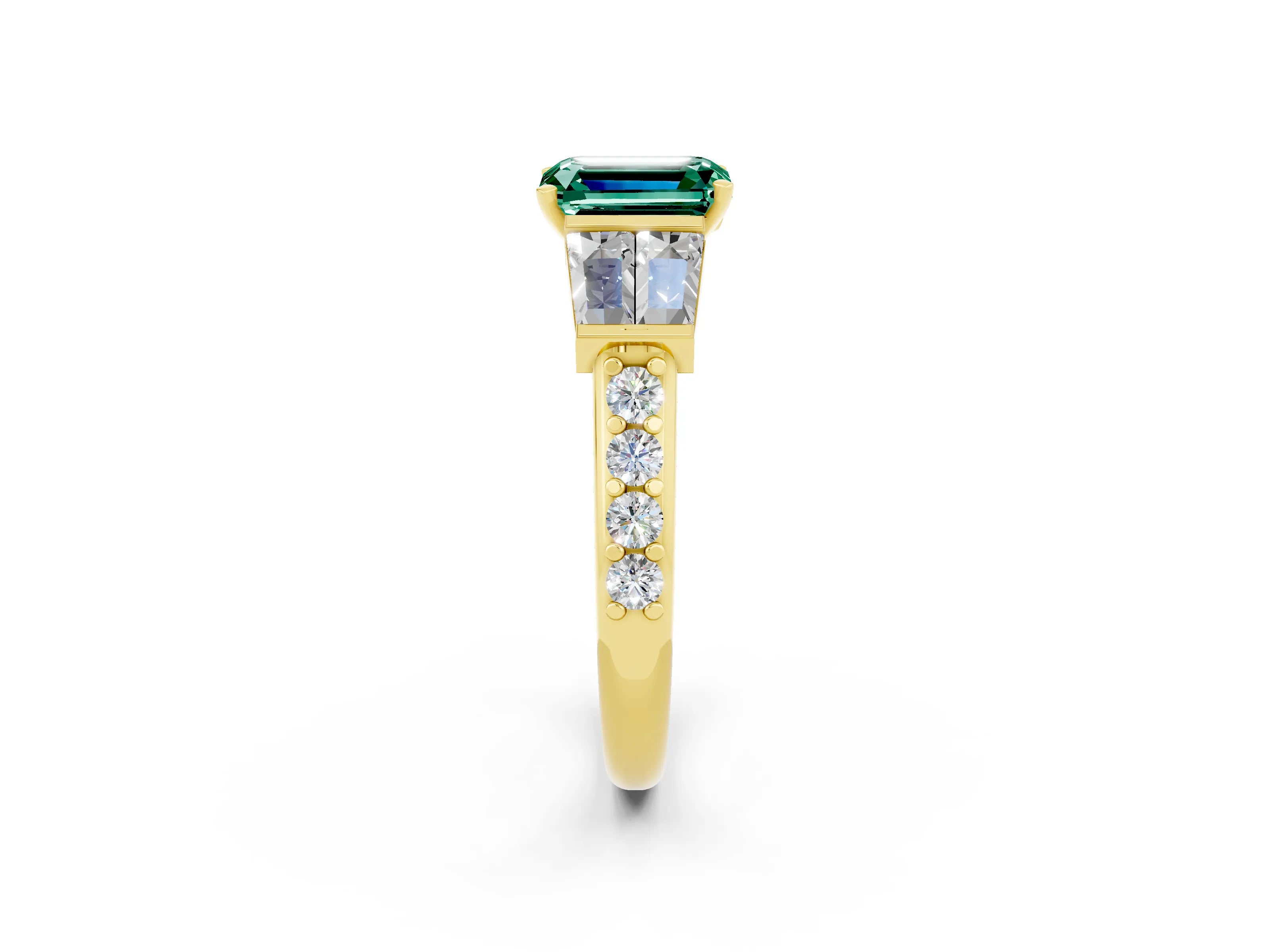 Yellow gold Emerald Cut Green Sapphire Engagement Ring with Baguette Side Stones and Channel Set Band_2