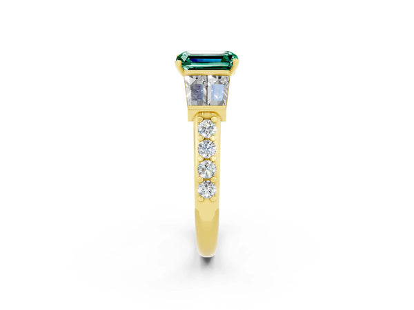 Yellow gold Emerald Cut Green Sapphire Engagement Ring with Baguette Side Stones and Channel Set Band