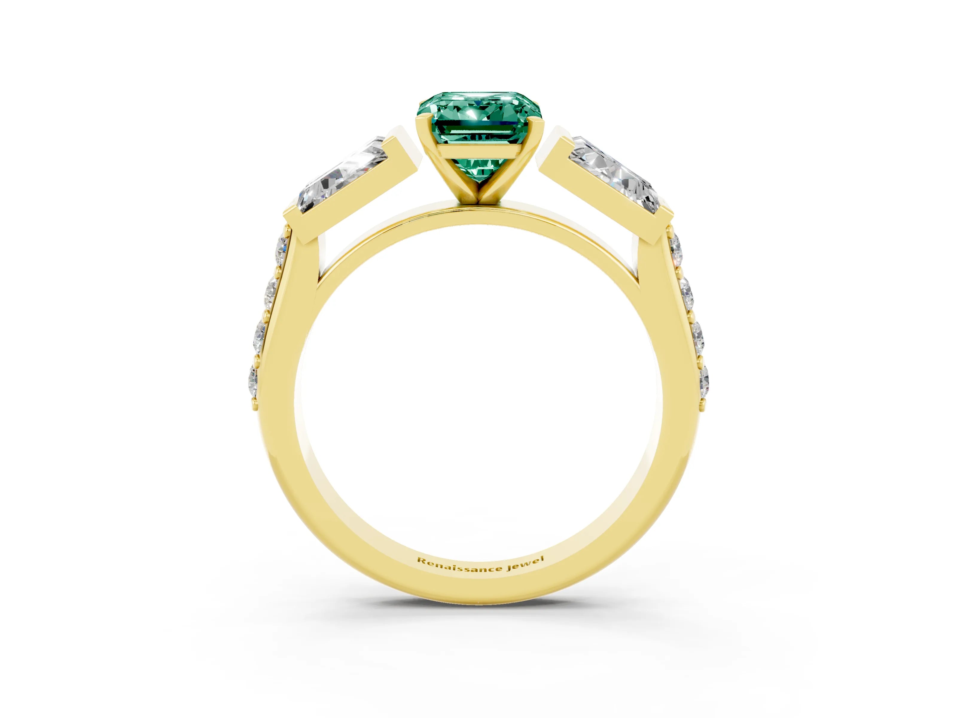 Yellow gold Emerald Cut Green Sapphire Engagement Ring with Baguette Side Stones and Channel Set Band_3