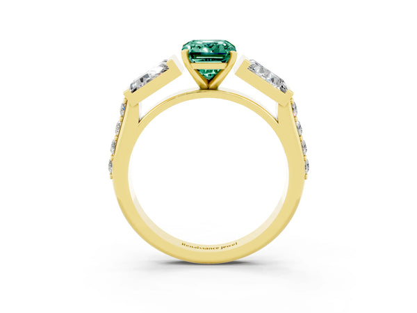 Yellow gold Emerald Cut Green Sapphire Engagement Ring with Baguette Side Stones and Channel Set Band