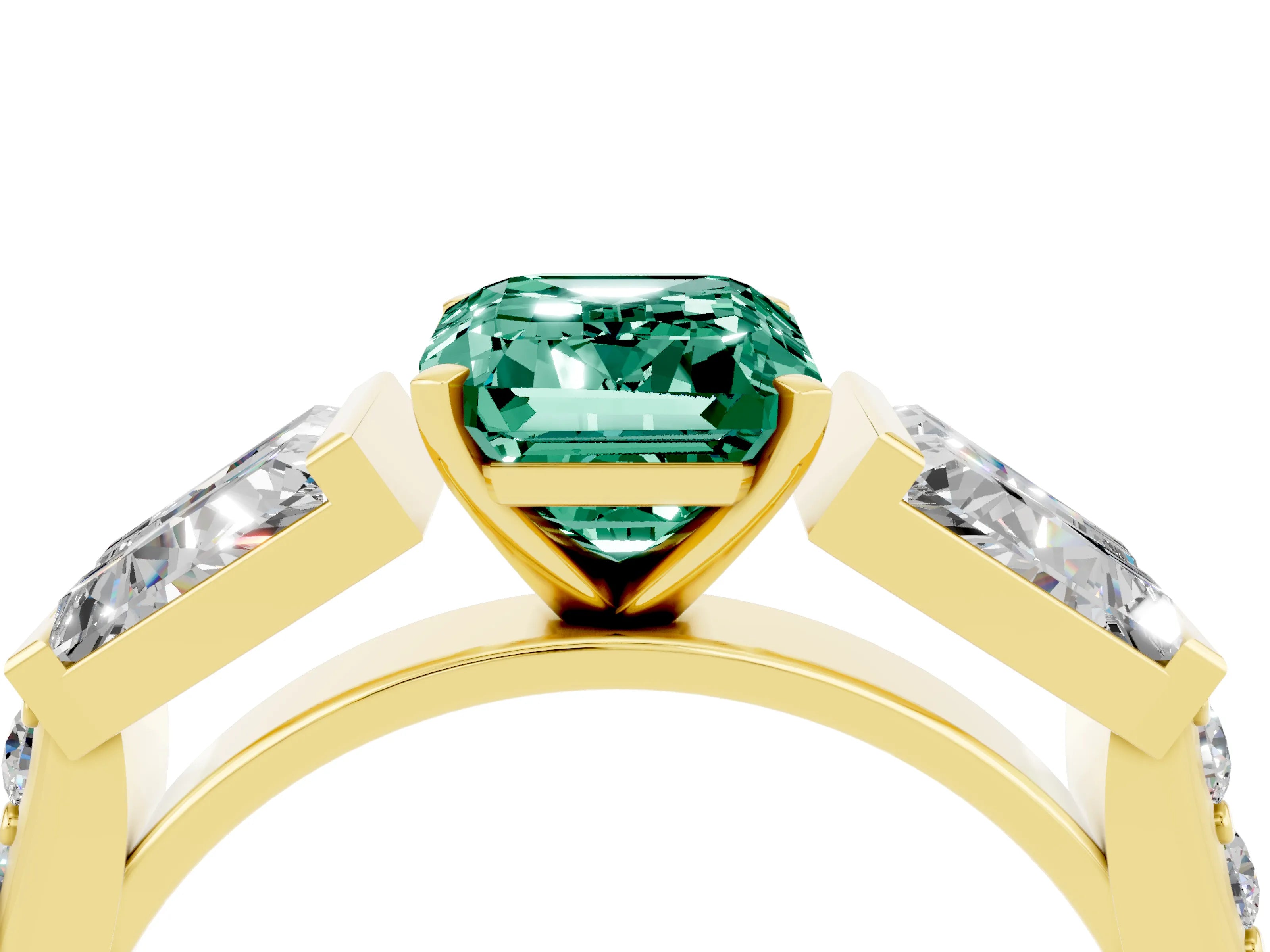 Yellow gold Emerald Cut Green Sapphire Engagement Ring with Baguette Side Stones and Channel Set Band_4