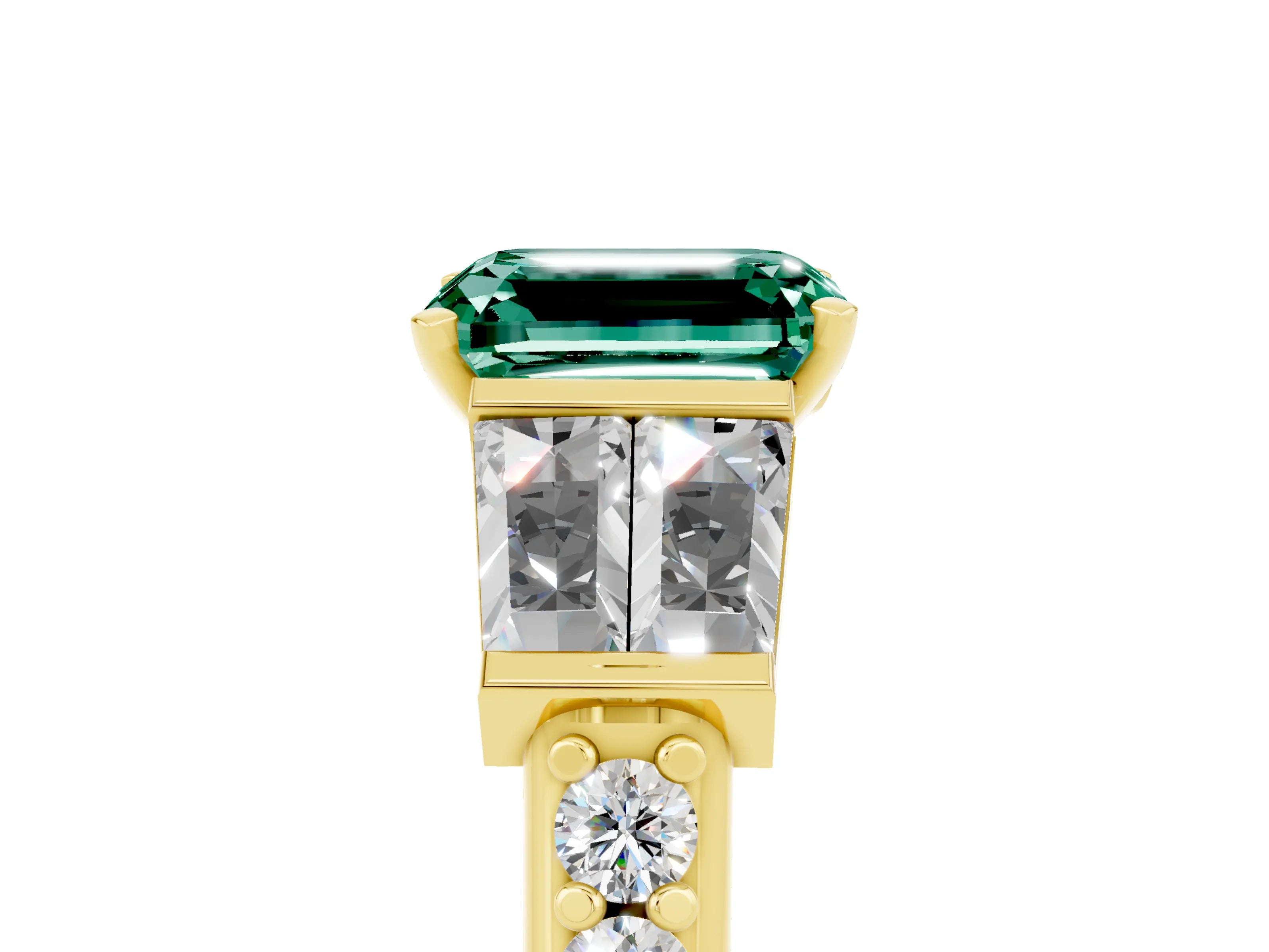 Yellow gold Emerald Cut Green Sapphire Engagement Ring with Baguette Side Stones and Channel Set Band_5