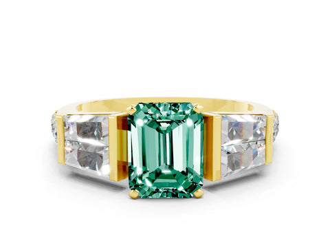 Yellow gold Emerald Cut Green Sapphire Engagement Ring with Baguette Side Stones and Channel Set Band