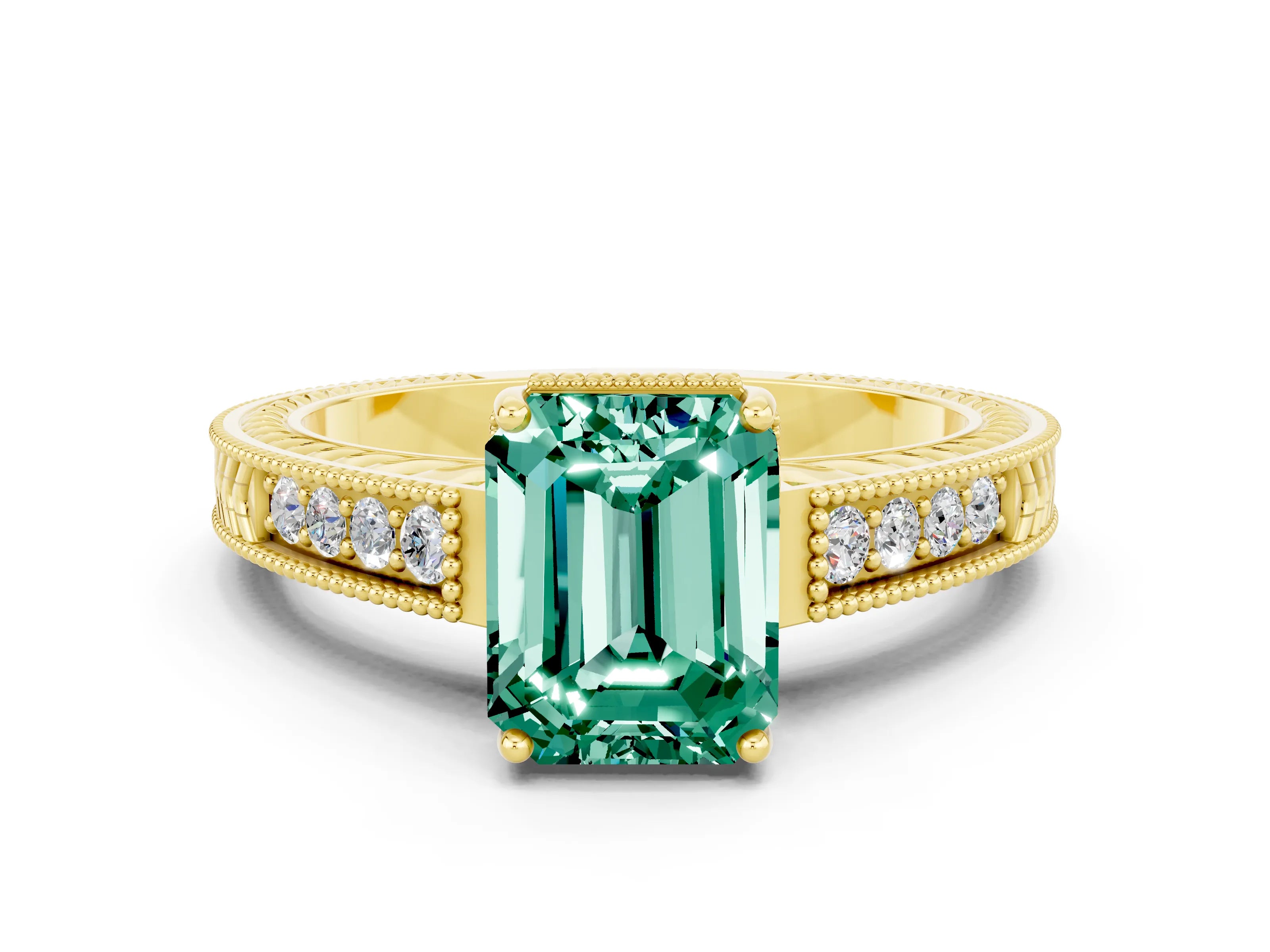 Yellow gold Emerald Cut Green Sapphire Engagement Ring with Milgrain Channel Set Band and Prong Setting
