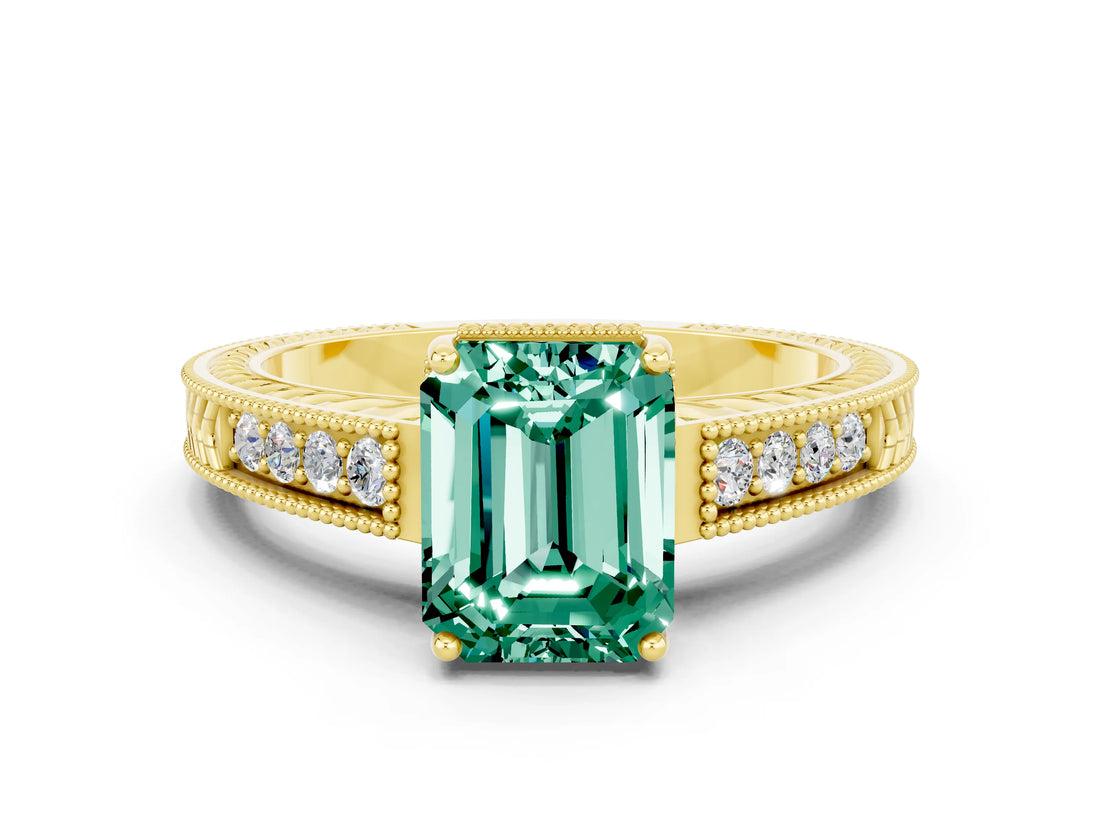 Yellow gold Emerald Cut Green Sapphire Engagement Ring with Milgrain Channel Set Band and Prong Setting