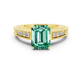 Yellow gold Emerald Cut Green Sapphire Engagement Ring with Milgrain Channel Set Band and Prong Setting