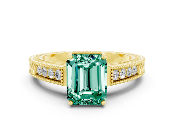 Yellow gold Emerald Cut Green Sapphire Engagement Ring with Milgrain Channel Set Band and Prong Setting