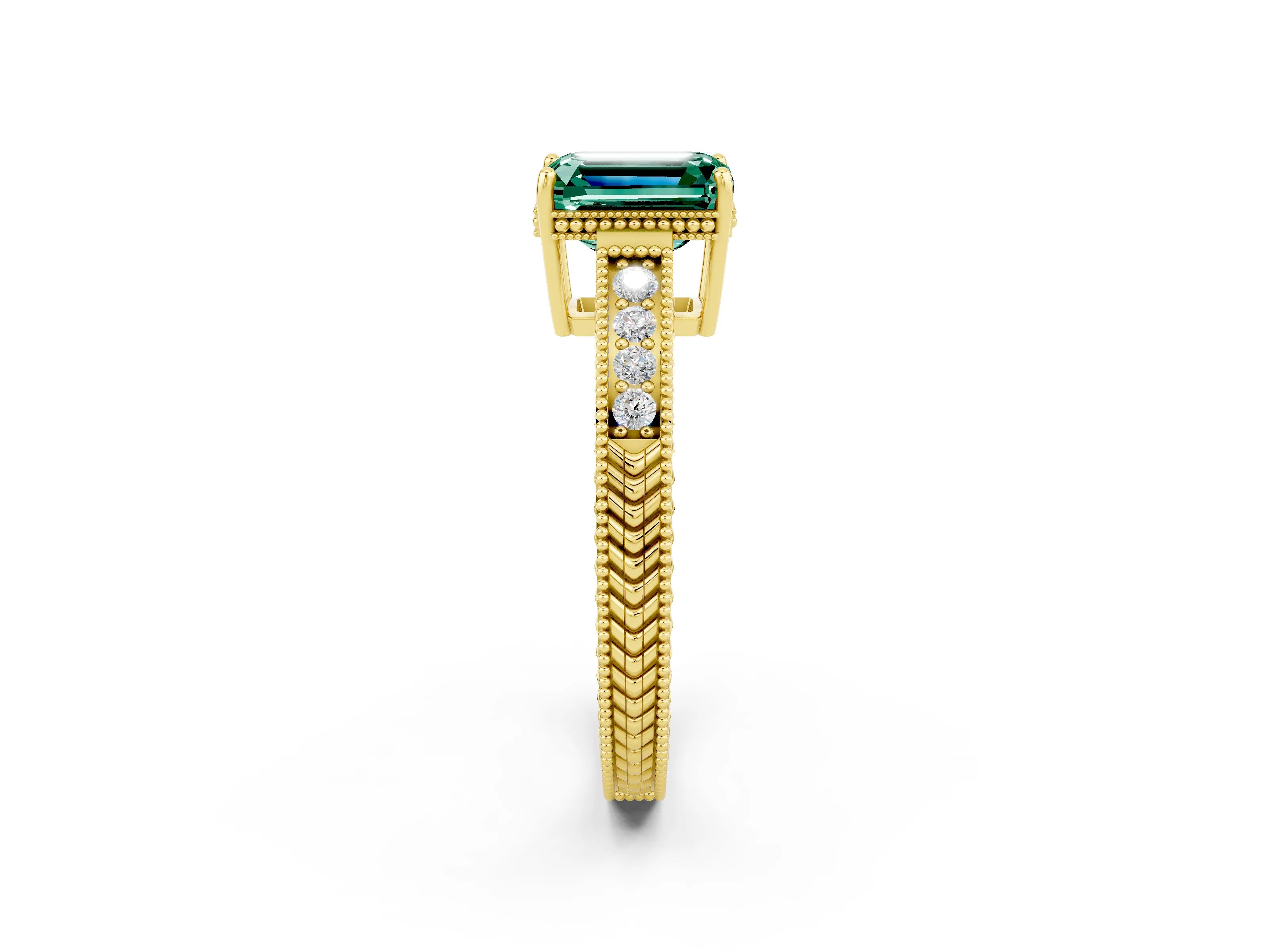 Yellow gold Emerald Cut Green Sapphire Engagement Ring with Milgrain Channel Set Band and Prong Setting_2