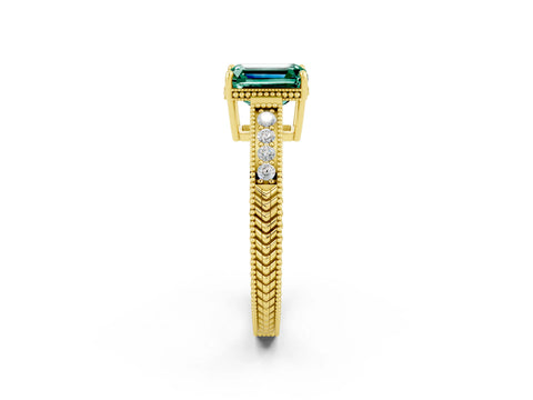 Yellow gold Emerald Cut Green Sapphire Engagement Ring with Milgrain Channel Set Band and Prong Setting_2