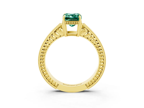 Yellow gold Emerald Cut Green Sapphire Engagement Ring with Milgrain Channel Set Band and Prong Setting