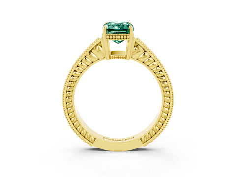 Yellow gold Emerald Cut Green Sapphire Engagement Ring with Milgrain Channel Set Band and Prong Setting_3