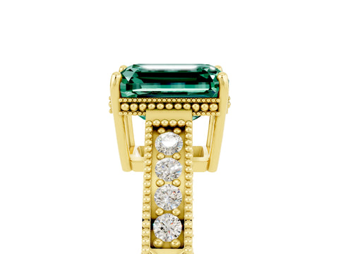 Yellow gold Emerald Cut Green Sapphire Engagement Ring with Milgrain Channel Set Band and Prong Setting_5
