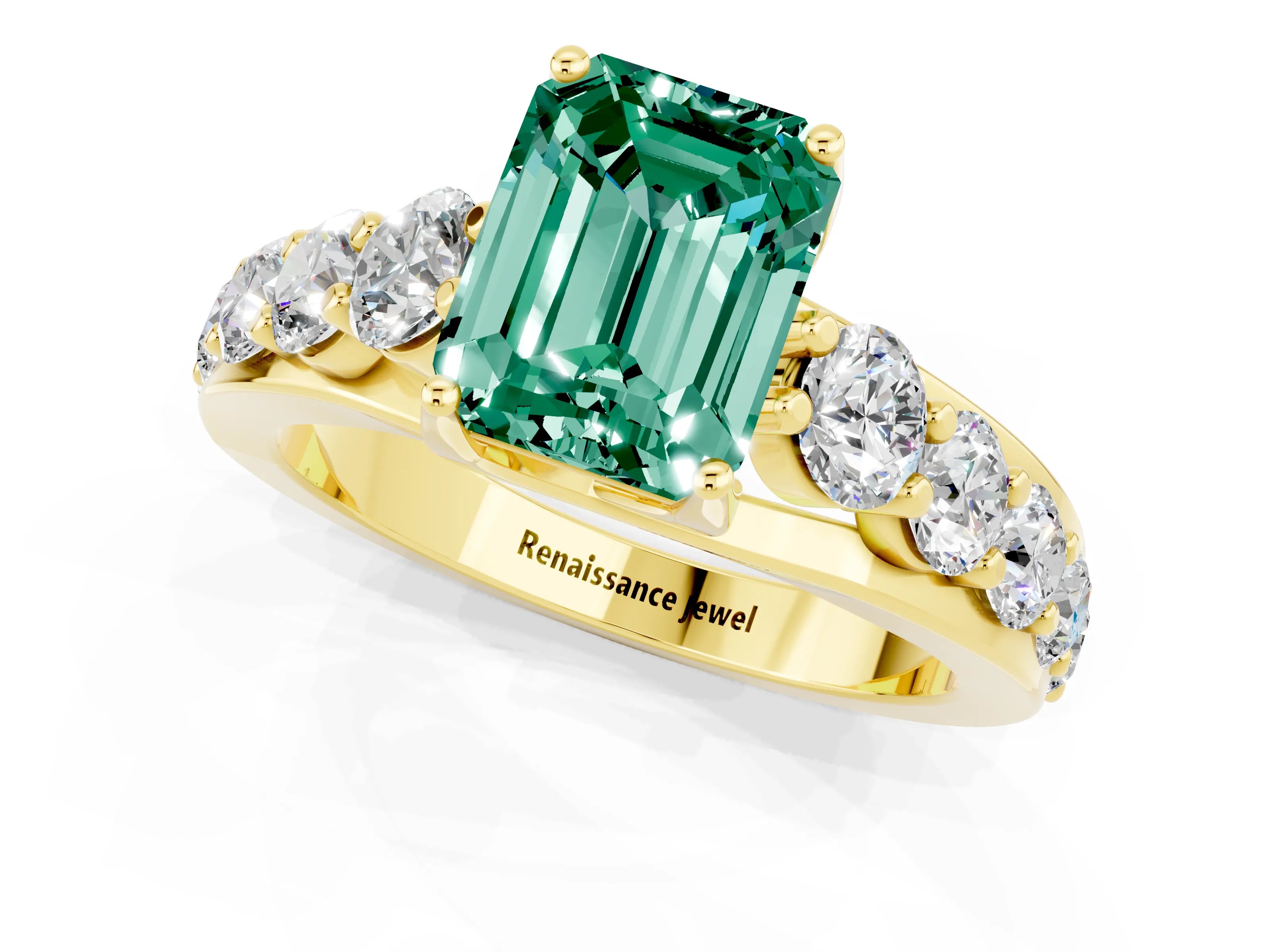 Yellow gold Emerald Cut Green Sapphire Engagement Ring with Pavé Band and Four-Prong Setting_1