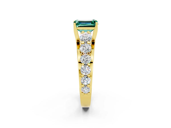 Yellow gold Emerald Cut Green Sapphire Engagement Ring with Pavé Band and Four-Prong Setting