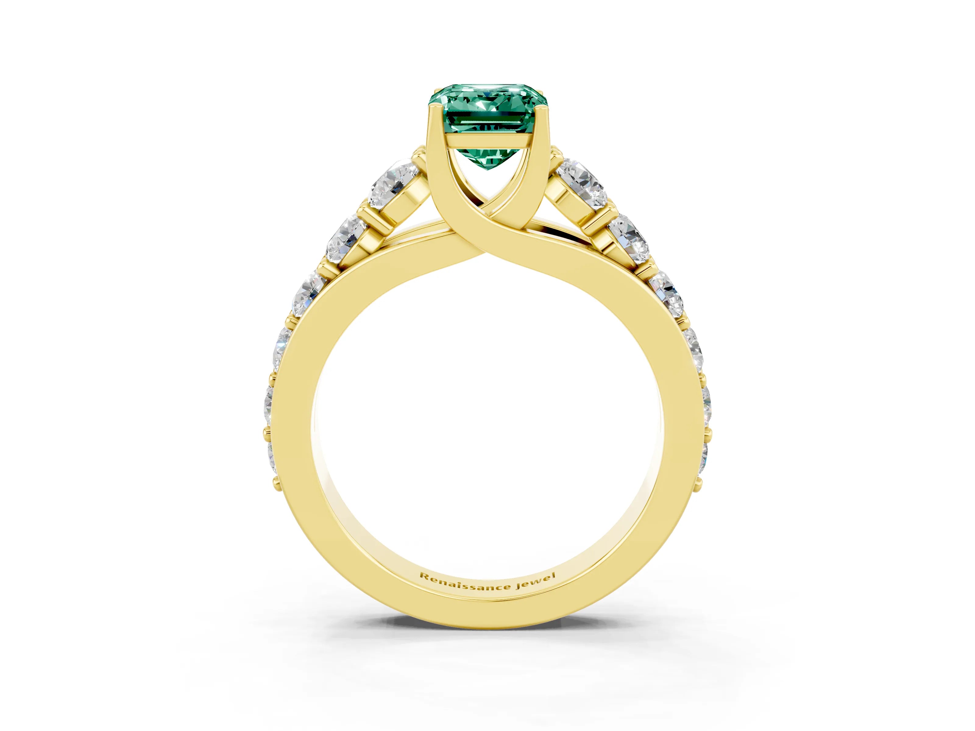 Yellow gold Emerald Cut Green Sapphire Engagement Ring with Pavé Band and Four-Prong Setting_3