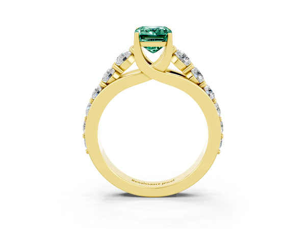 Yellow gold Emerald Cut Green Sapphire Engagement Ring with Pavé Band and Four-Prong Setting