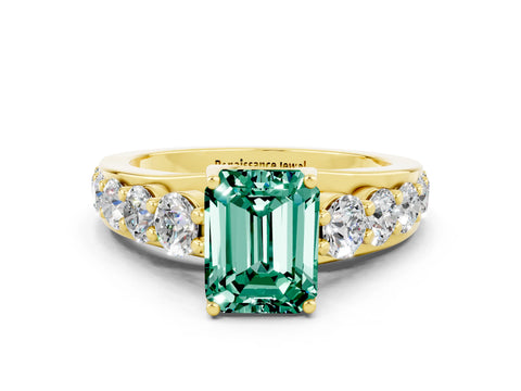 Yellow gold Emerald Cut Green Sapphire Engagement Ring with Pavé Band and Four-Prong Setting