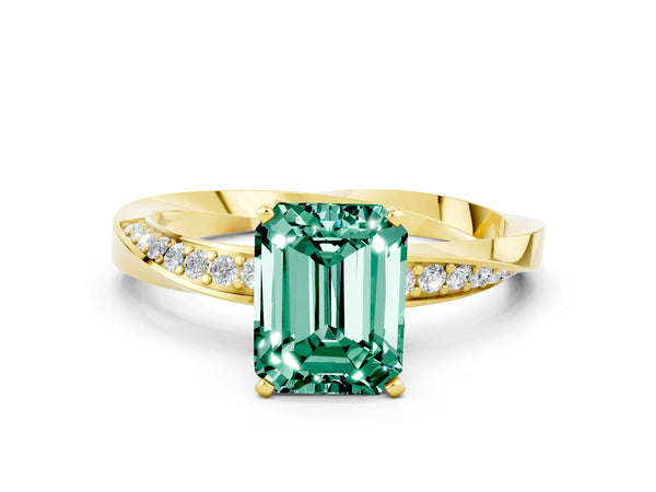 Yellow gold Emerald Cut Green Sapphire Engagement Ring with Side Stone Accents and Four-Prong Setting