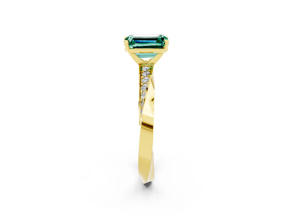 Yellow gold Emerald Cut Green Sapphire Engagement Ring with Side Stone Accents and Four-Prong Setting