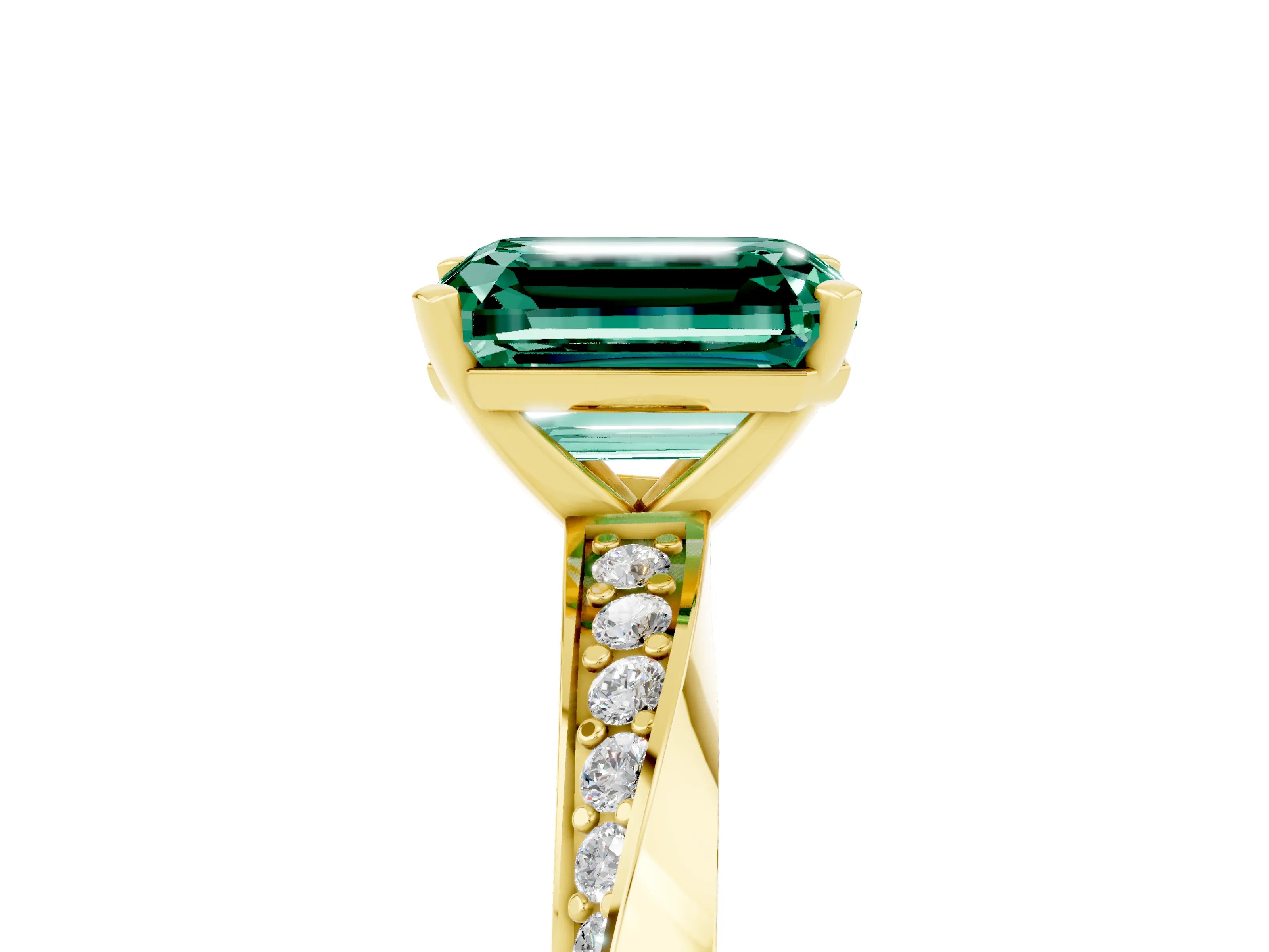 Yellow gold Emerald Cut Green Sapphire Engagement Ring with Side Stone Accents and Four-Prong Setting_32
