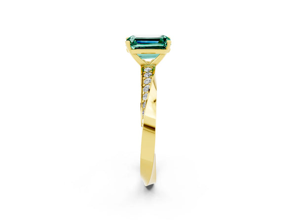 Yellow gold Emerald Cut Green Sapphire Engagement Ring with Side Stone Accents and Four-Prong Setting
